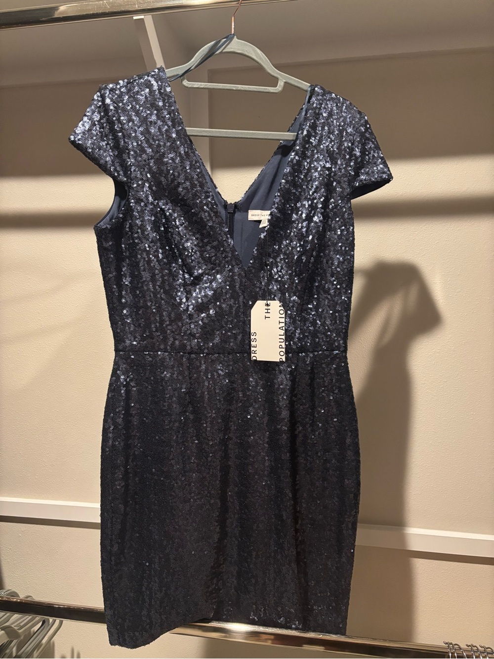 Dress the Population Navy Sequin V-Neck Cap Sleeve Dress